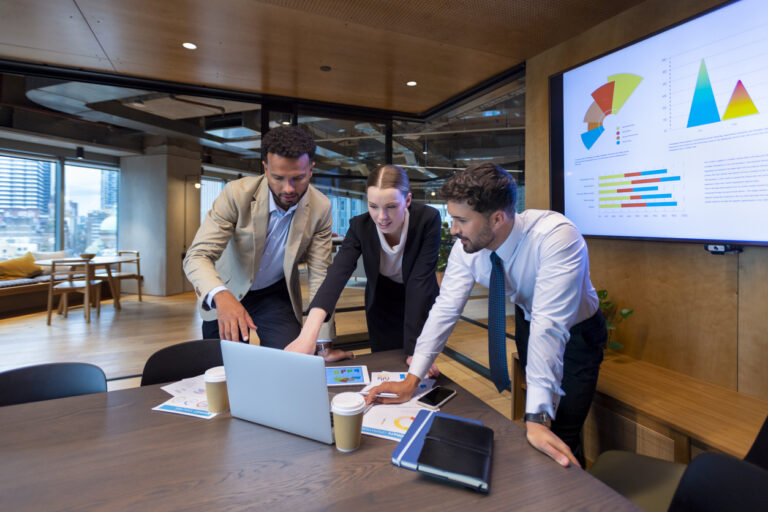 Business people working on a laptop computer in a modern office.